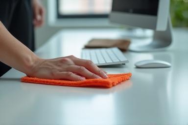 Ofis masası yüzeyini temizleyen görevli
